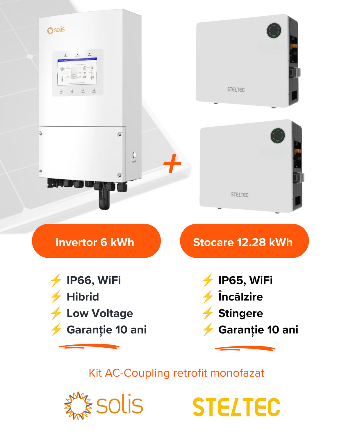 Kit invertor monofazat SOLIS S6-EH1P(6)K-L-PLUS (6kW) + Baterie/acumulator de stocare LiFePO4 de joasă tensiune 51.2VDC STELTEC Flex-L4 (6.14kWh) (STE-BWO-6140) (IP65, încălzire, stingere, WiFi)